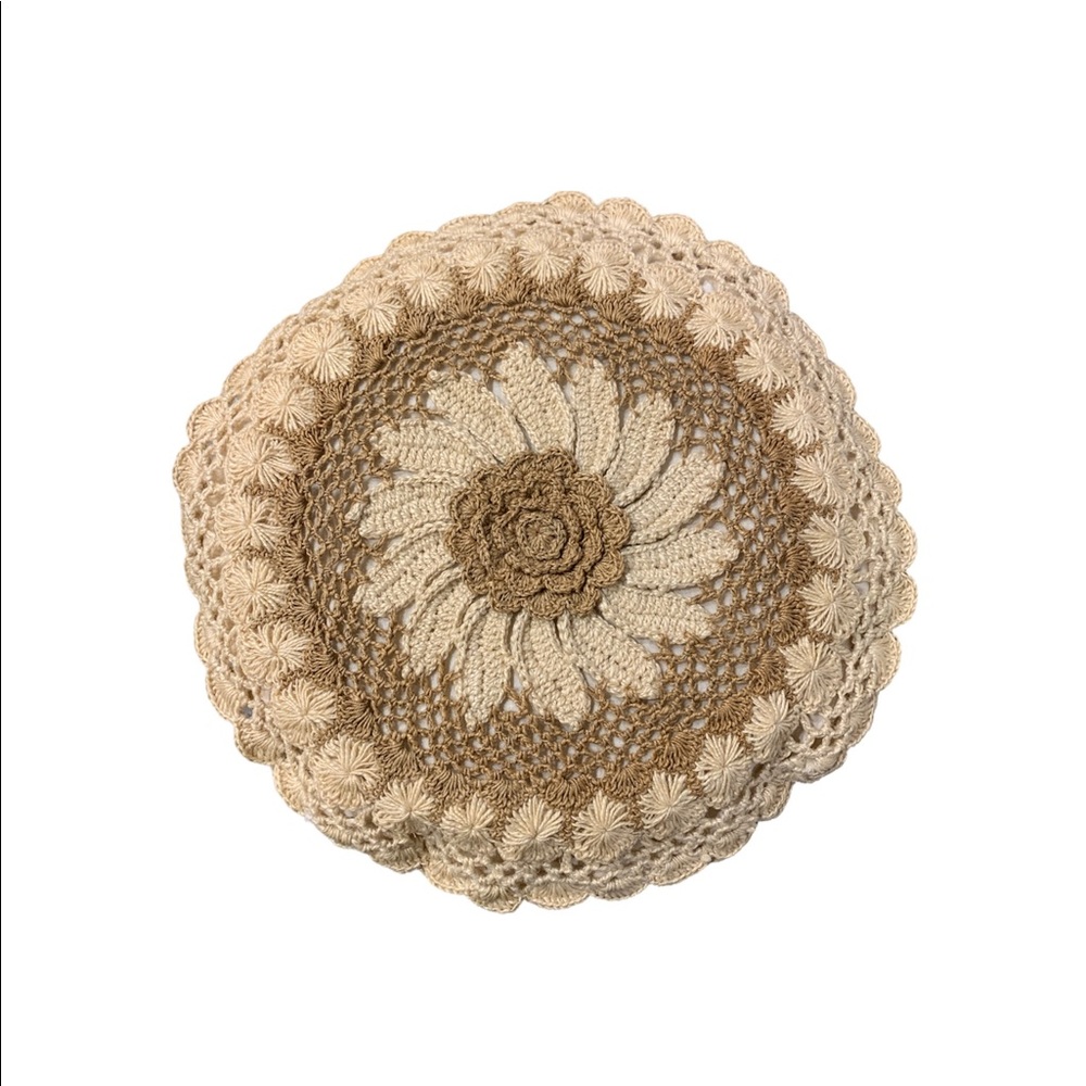 Vintage Round Crochet Pillow Boho Neutral Home Decor